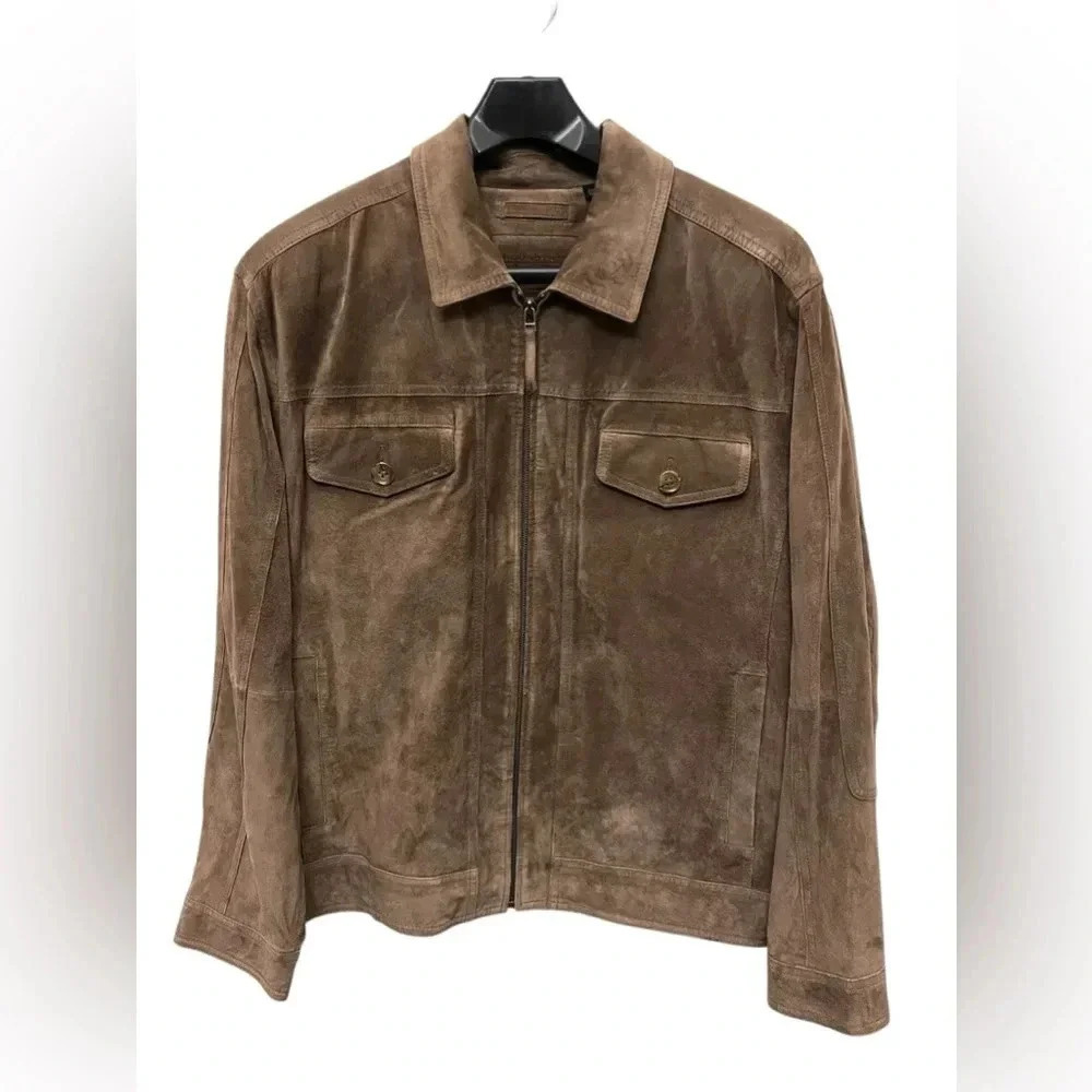 Roundtree & Yorke Men’s XXL Suede Leather Jacket Brown Zip Front Classic Style
